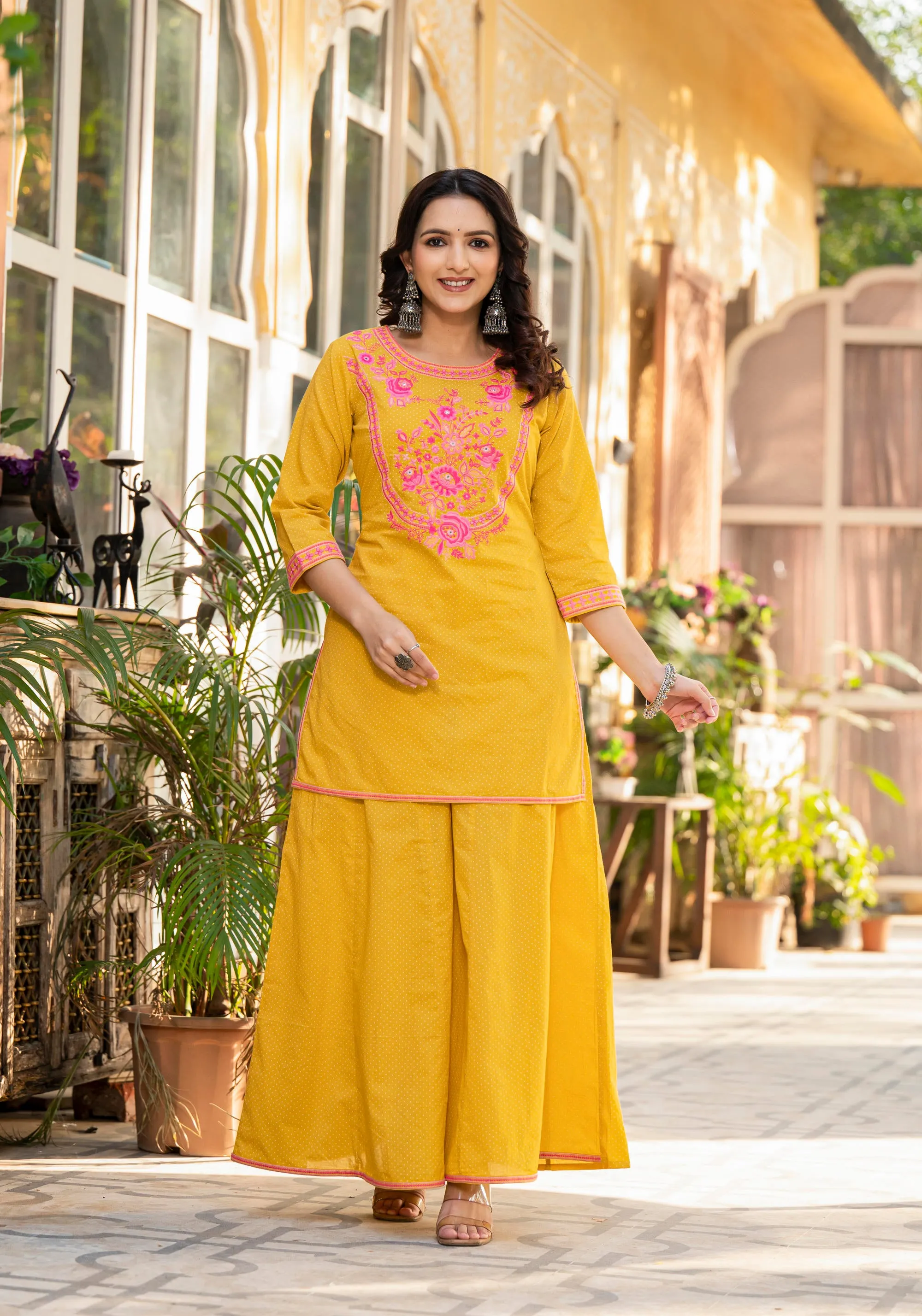 Mustard Ethnic Motif Printed Cotton Kurta Palazzo And Dupatta Set With Thread & Mirror Work