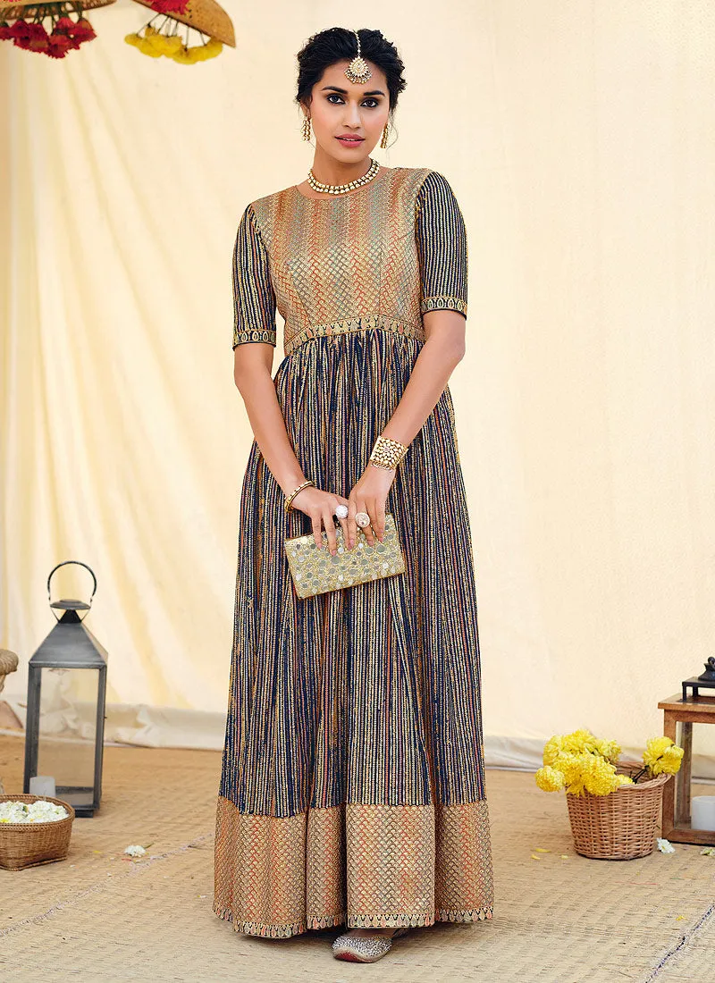 Navy Blue Golden Embroidered Designer Anarkali Suit