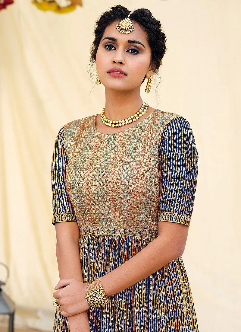 Navy Blue Golden Embroidered Designer Anarkali Suit