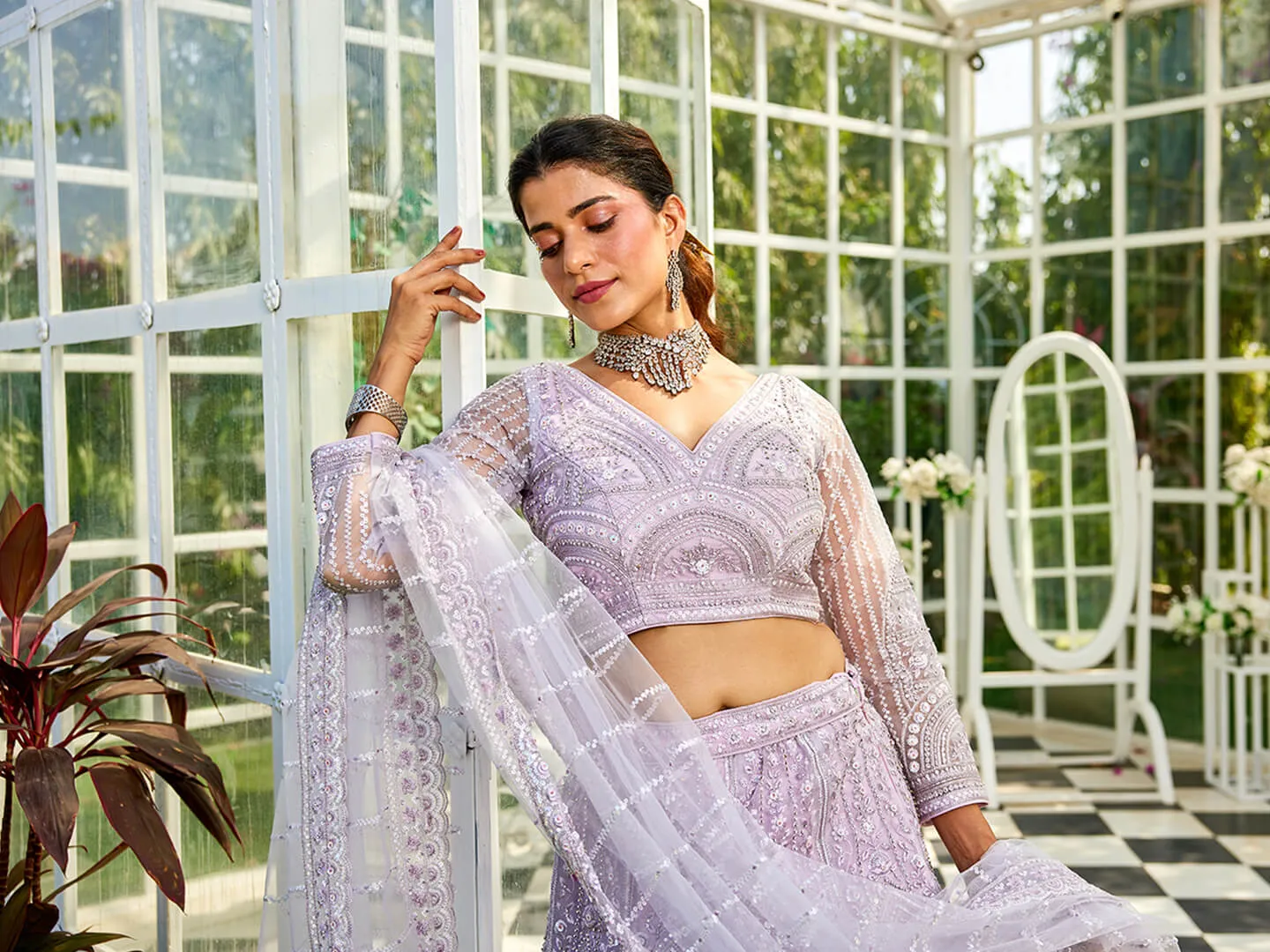 Net with Beads & Zarkan Embroidery Lehenga Choli & Dupatta