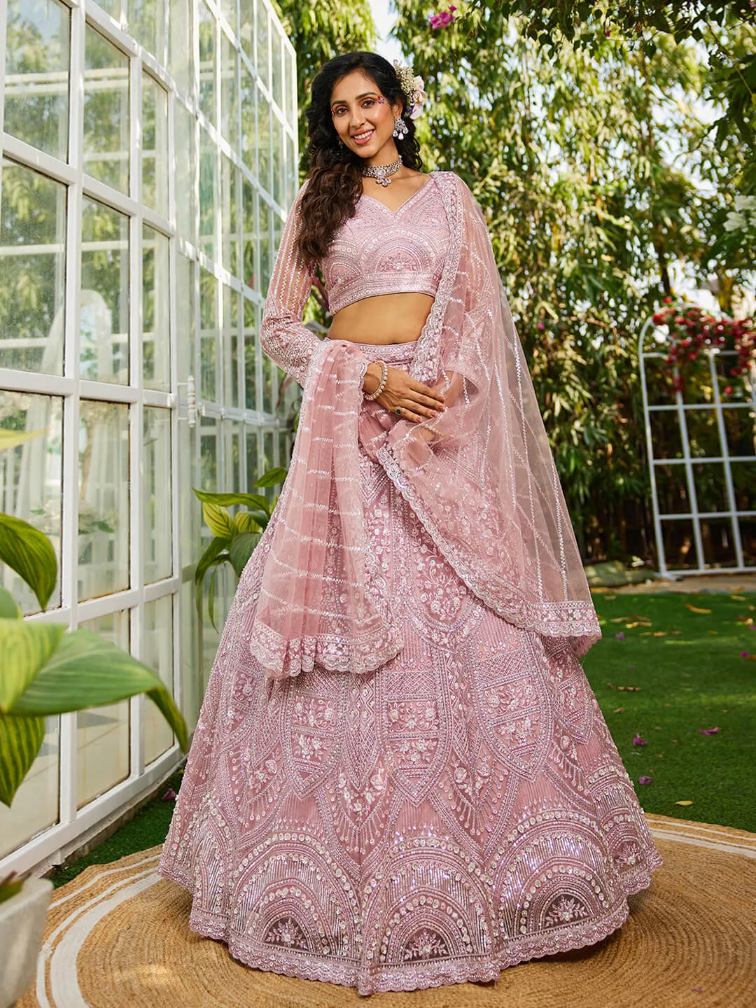 Net with Beads & Zarkan Embroidery Lehenga Choli & Dupatta