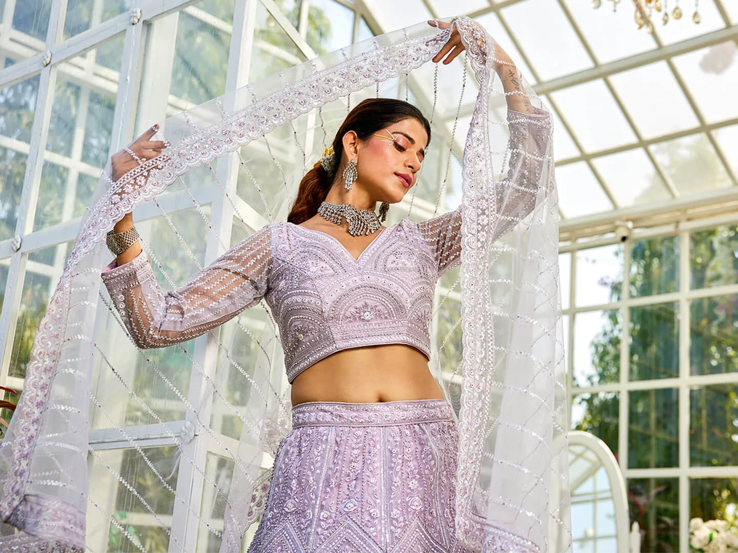 Net with Beads & Zarkan Embroidery Lehenga Choli & Dupatta