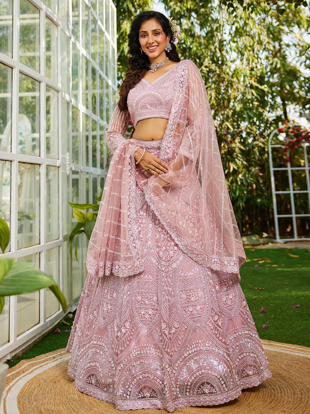Net with Beads & Zarkan Embroidery Lehenga Choli & Dupatta