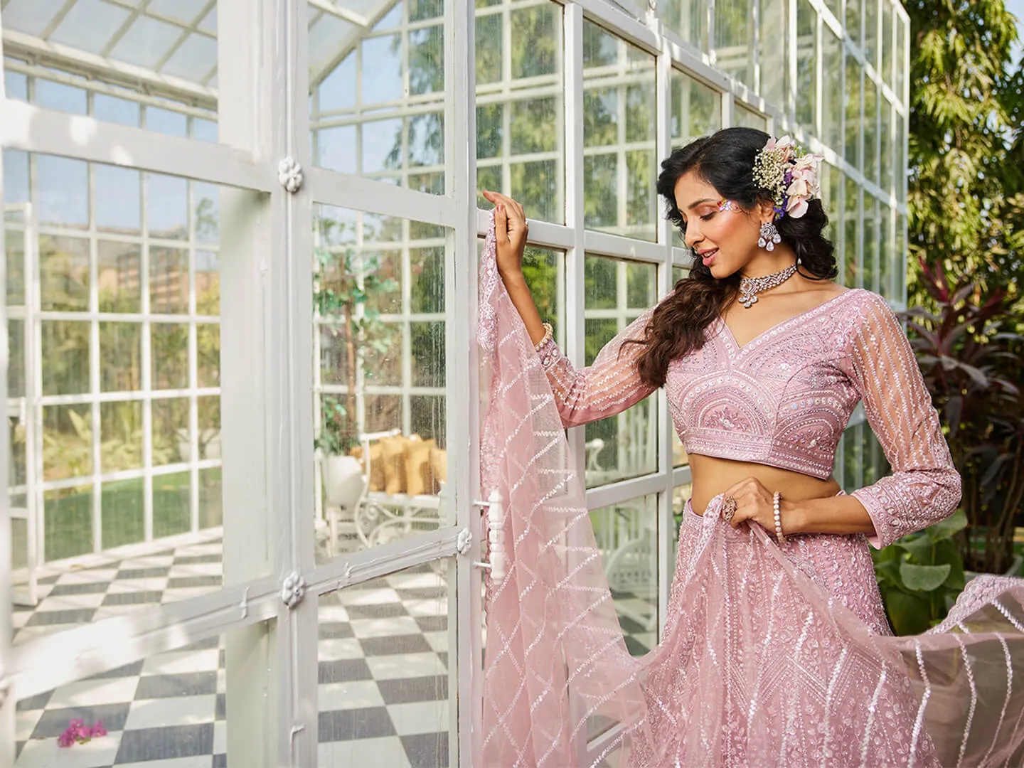 Net with Beads & Zarkan Embroidery Lehenga Choli & Dupatta