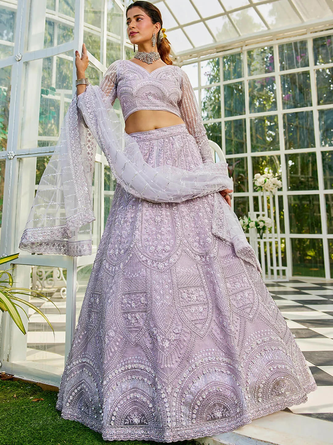 Net with Beads & Zarkan Embroidery Lehenga Choli & Dupatta