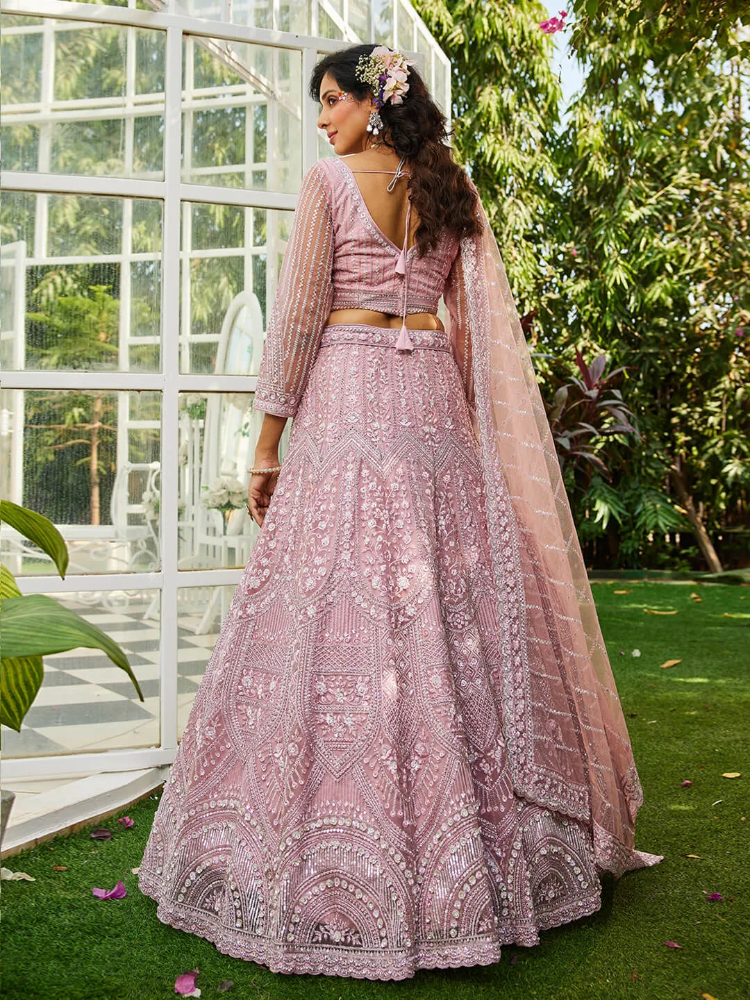 Net with Beads & Zarkan Embroidery Lehenga Choli & Dupatta
