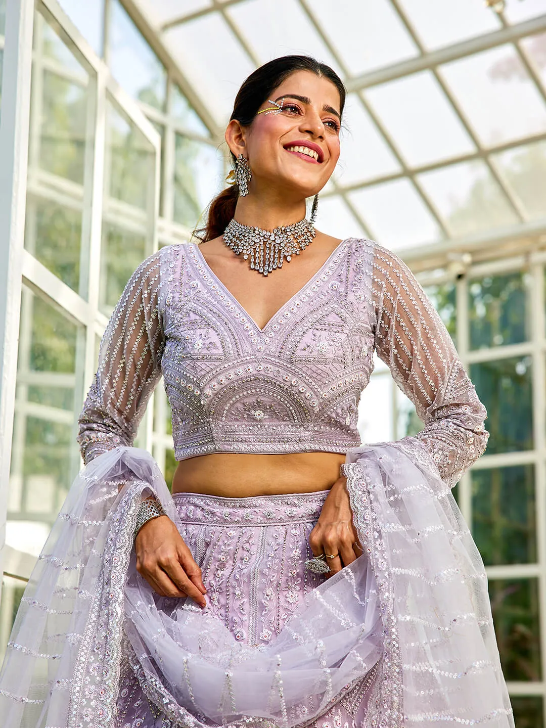 Net with Beads & Zarkan Embroidery Lehenga Choli & Dupatta