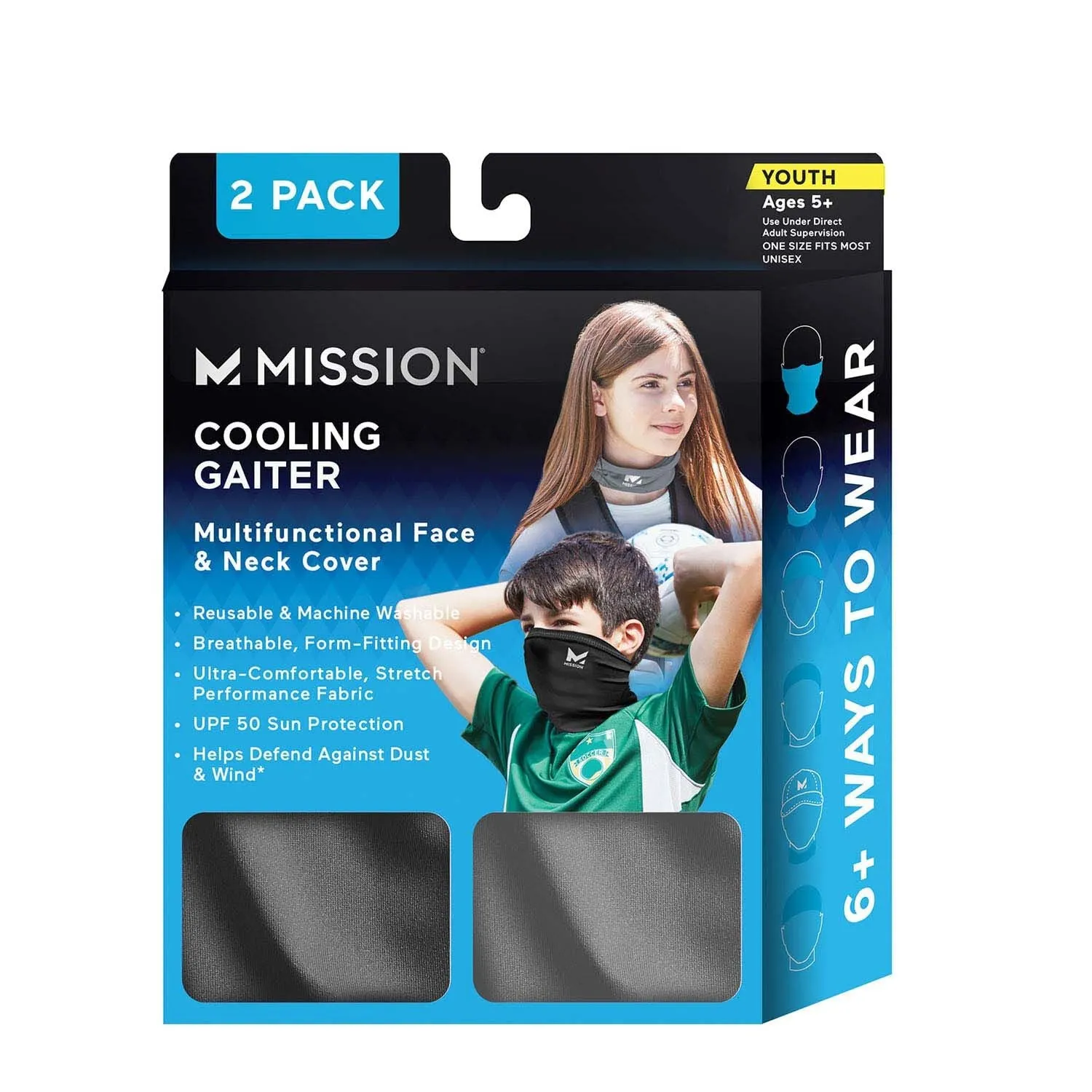 NEW Mission® Youth Cooling Gaiter - 2 Pack: Multifunctional Face & Neck Cover, Blue/Grey, Helps defend against dust, wind & sun! Retails $30 