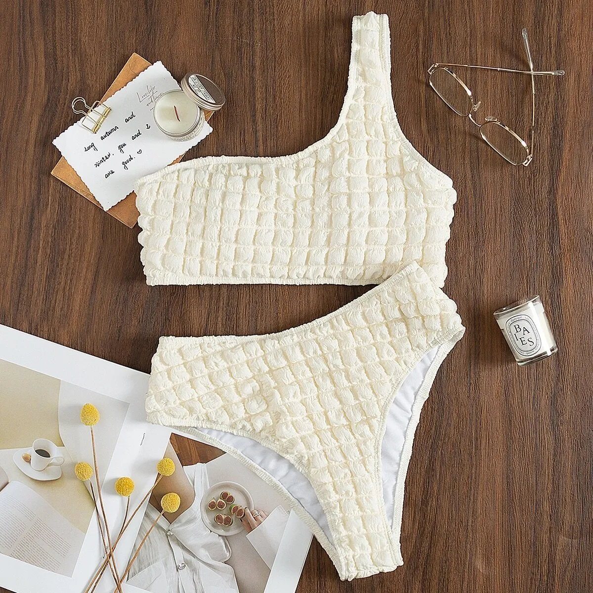 New Solid Color Women's One Shoulder High Waist Split Swimsuit trendy
