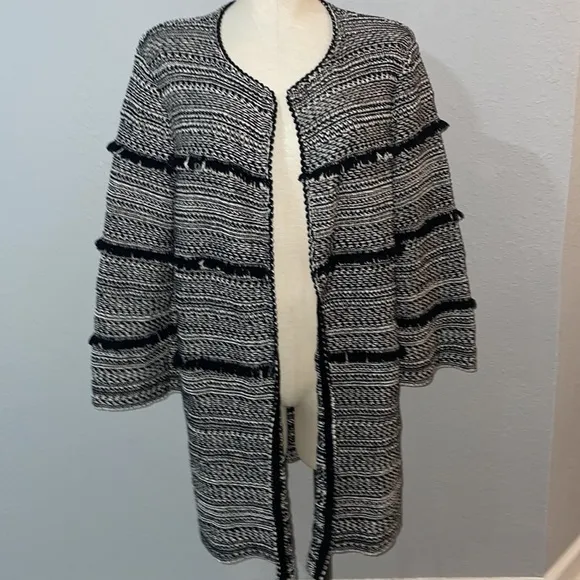 Nic Zoe Women’s Long Cardigan Coat size L Tweed Fringe Trim Open Front