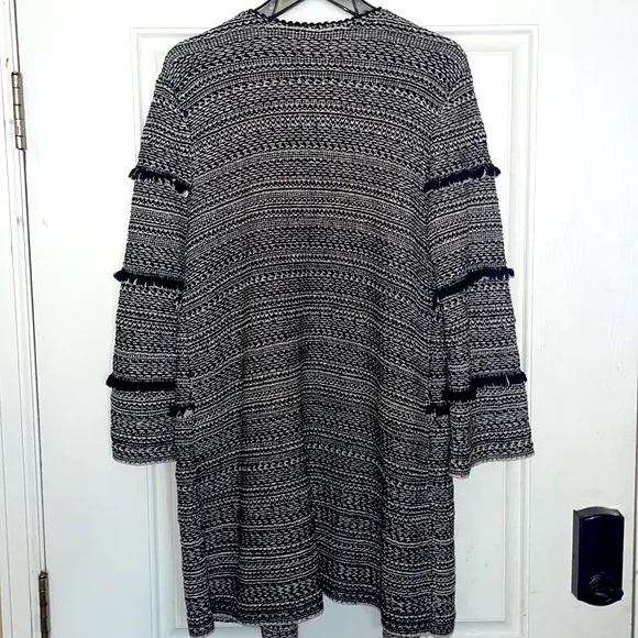 Nic Zoe Women’s Long Cardigan Coat size L Tweed Fringe Trim Open Front