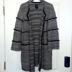 Nic Zoe Women’s Long Cardigan Coat size L Tweed Fringe Trim Open Front