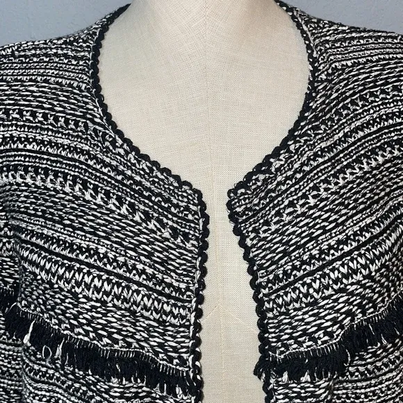 Nic Zoe Women’s Long Cardigan Coat size L Tweed Fringe Trim Open Front