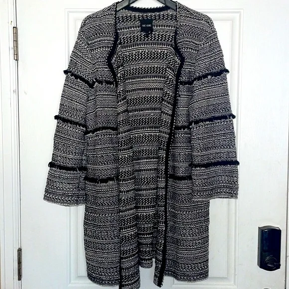 Nic Zoe Women’s Long Cardigan Coat size L Tweed Fringe Trim Open Front