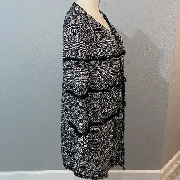 Nic Zoe Women’s Long Cardigan Coat size L Tweed Fringe Trim Open Front