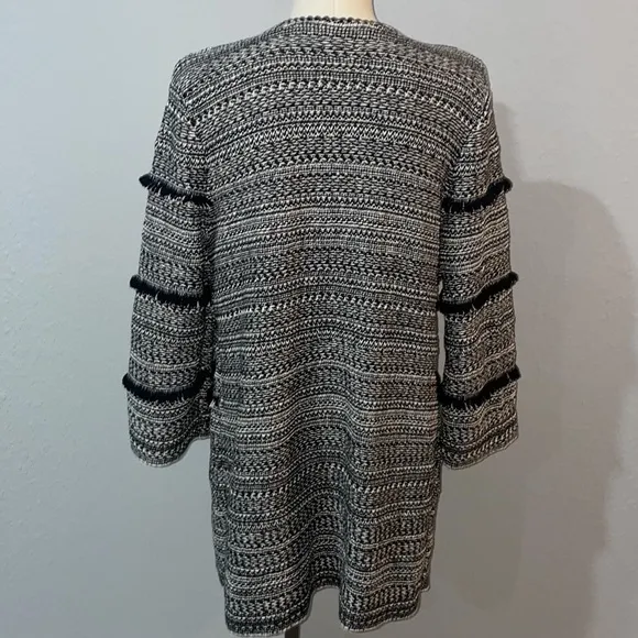 Nic Zoe Women’s Long Cardigan Coat size L Tweed Fringe Trim Open Front