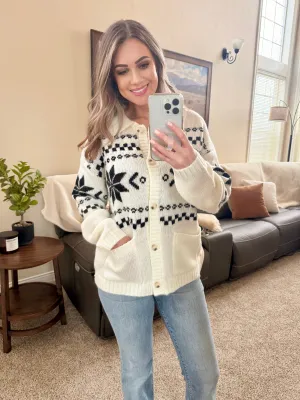 Nordic Pattern Cardigan In Ivory & Black