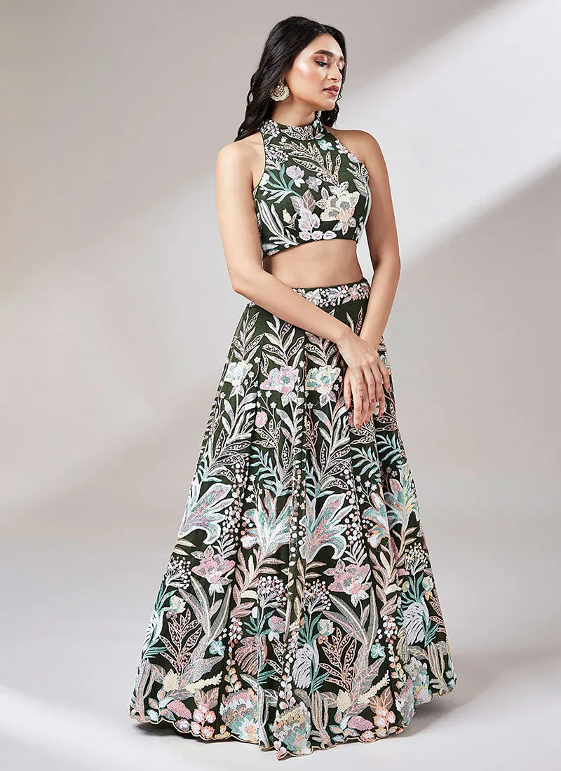 Olive Green Multi Embroidery Lehenga Choli And Dupatta