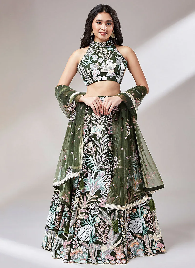 Olive Green Multi Embroidery Lehenga Choli And Dupatta