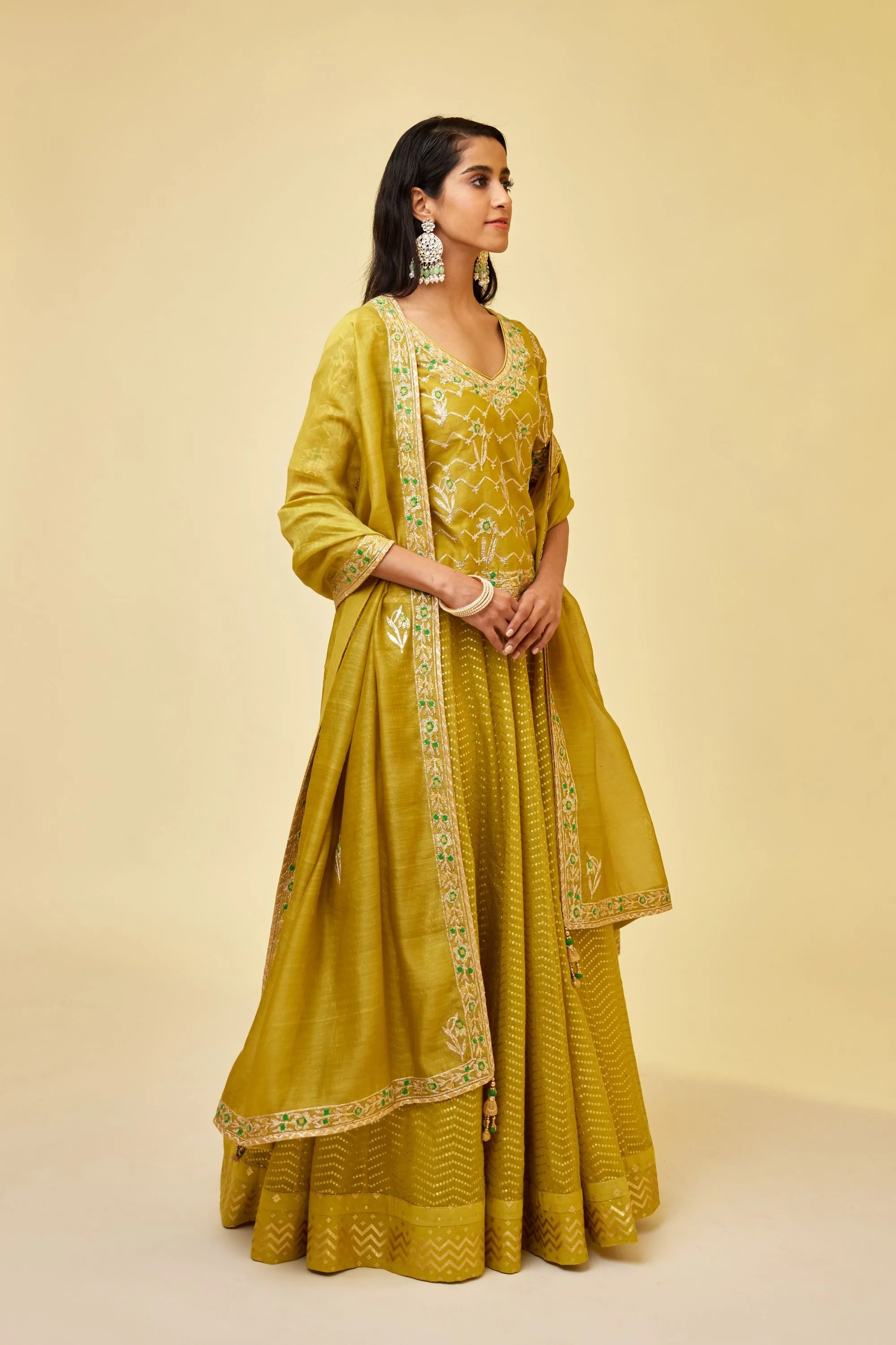 Olive green short kurti and skirt set