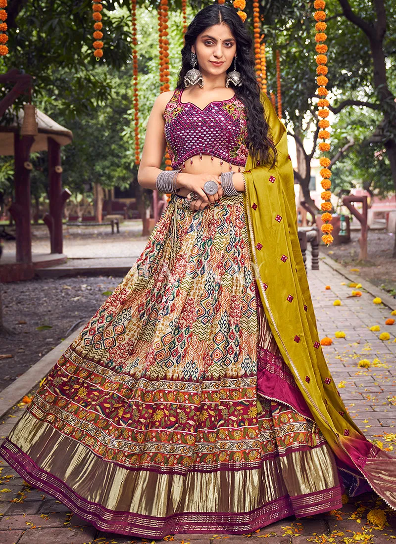 Olive Purple Multi Mirror Work Embroidery Satin Lehenga Choli