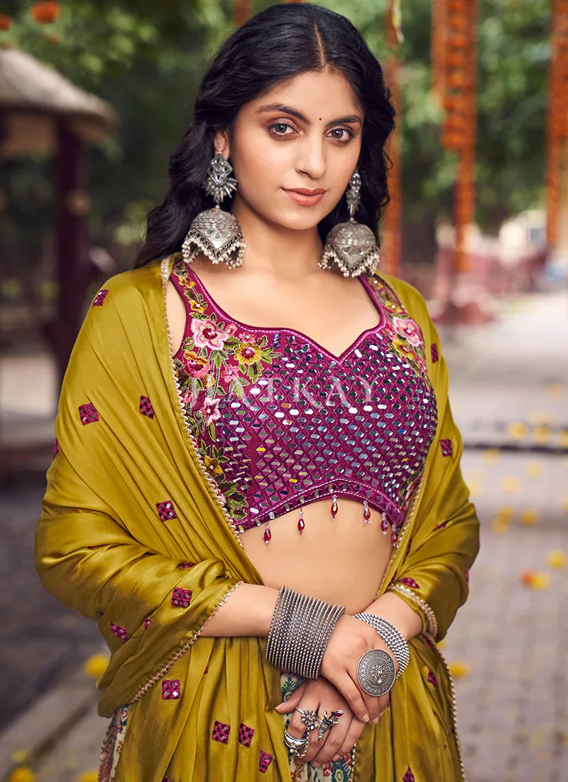 Olive Purple Multi Mirror Work Embroidery Satin Lehenga Choli
