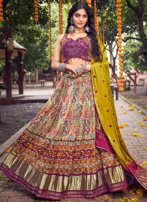 Olive Purple Multi Mirror Work Embroidery Satin Lehenga Choli