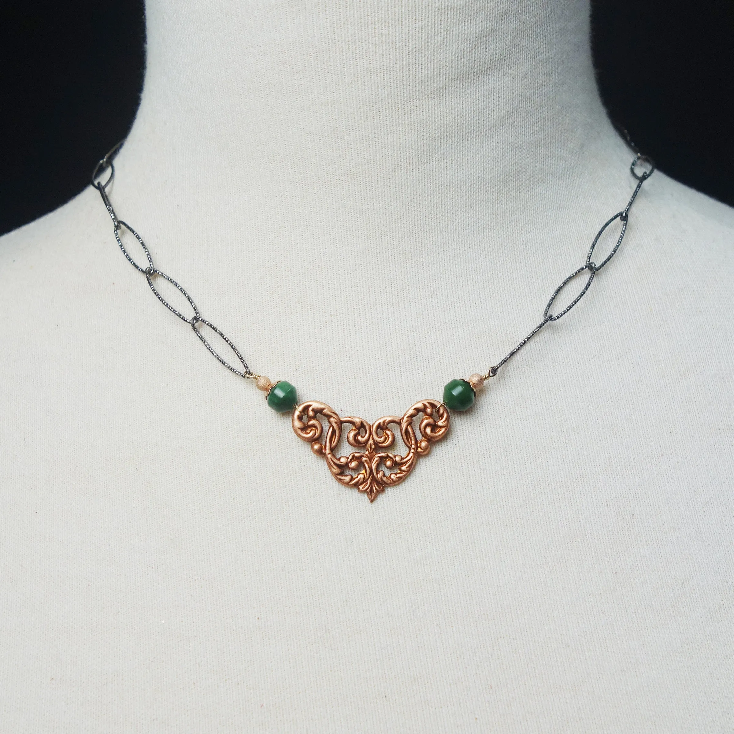 One More Time: rose gold, jade, oxidized silver necklace