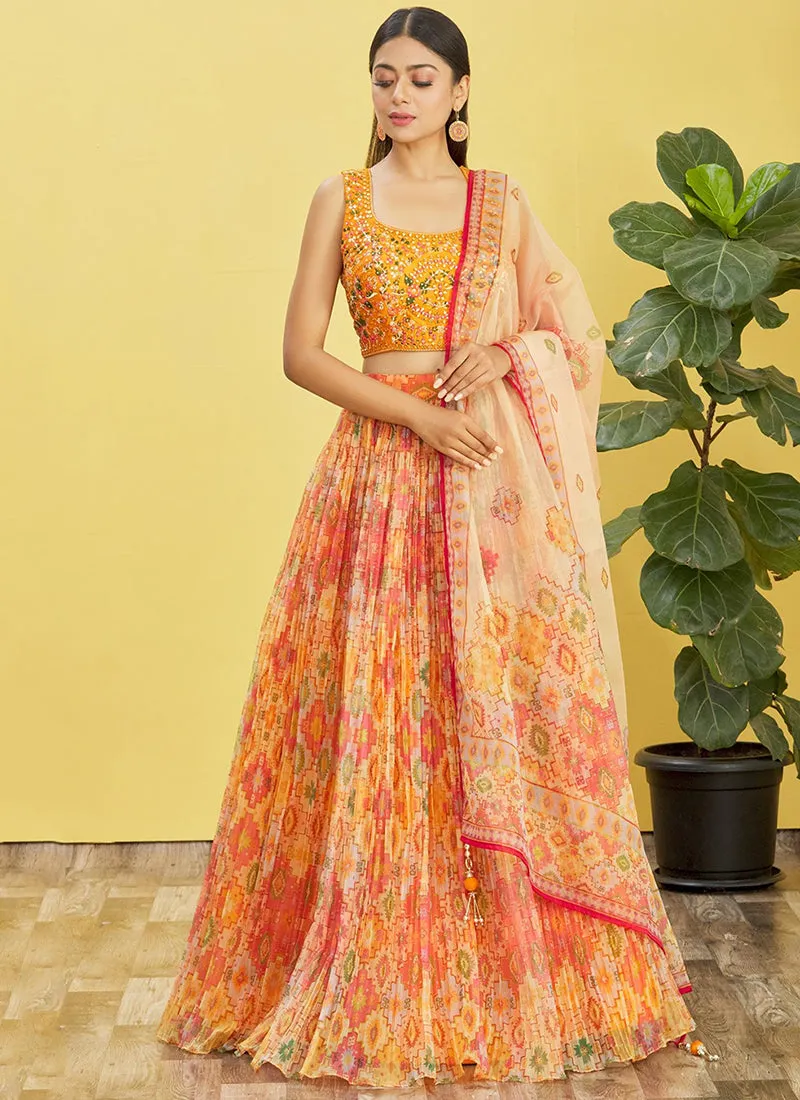 Orange Multi Embroidery Printed Lehenga Choli