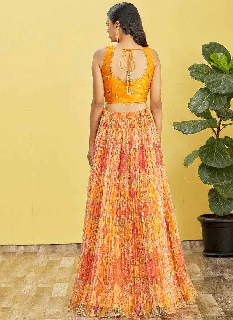Orange Multi Embroidery Printed Lehenga Choli
