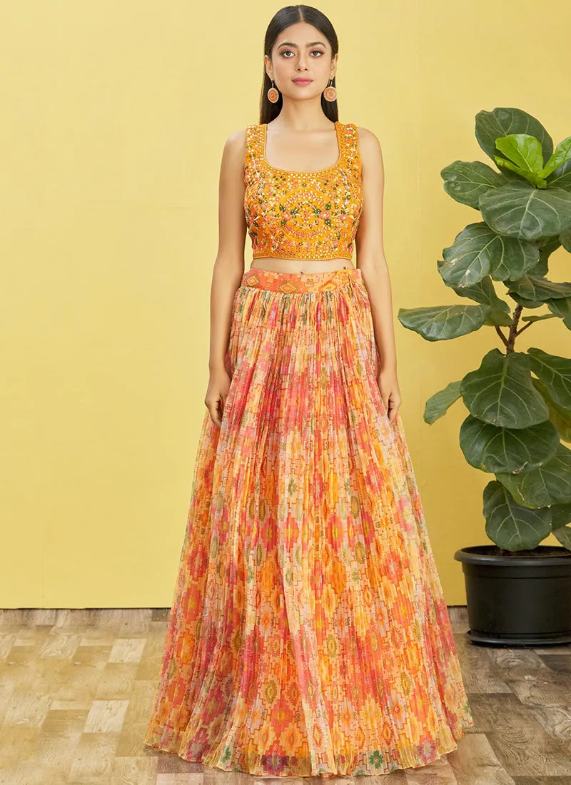 Orange Multi Embroidery Printed Lehenga Choli