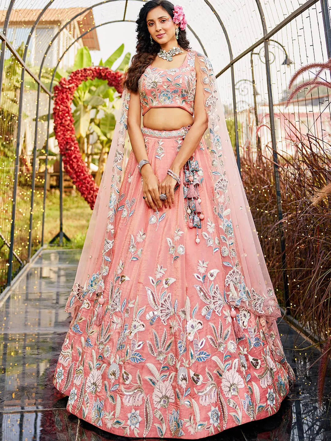 Orange Sequinse & Thread embroidery Lehenga choli & Dupatta