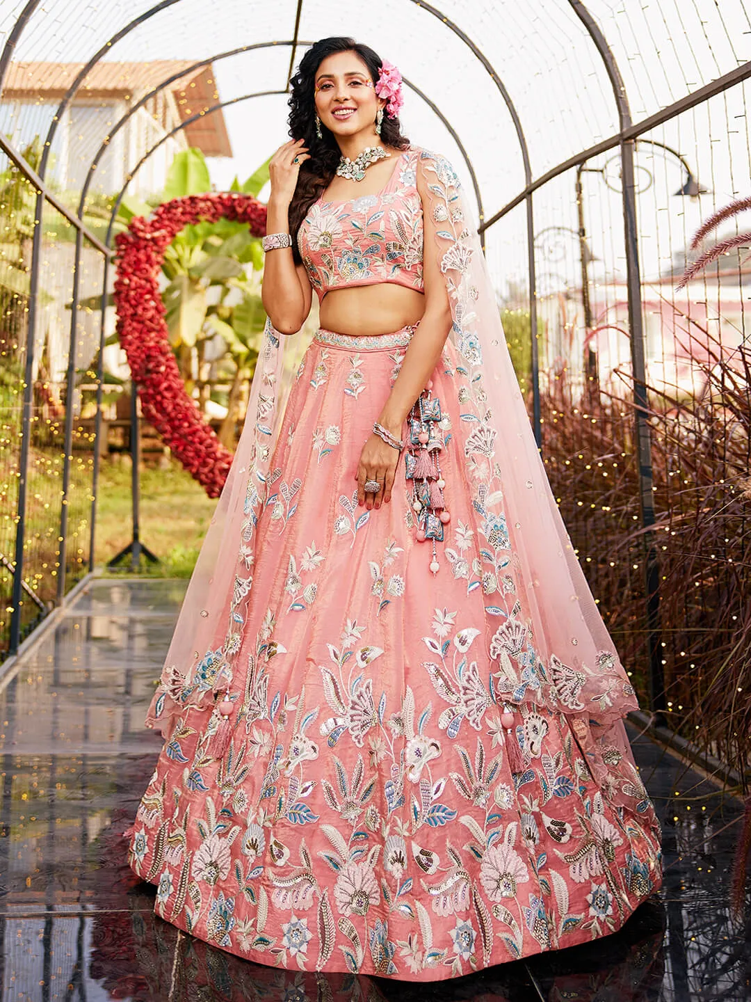 Orange Sequinse & Thread embroidery Lehenga choli & Dupatta
