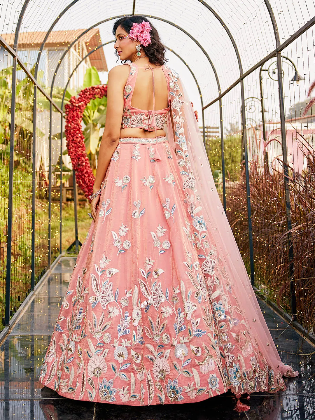 Orange Sequinse & Thread embroidery Lehenga choli & Dupatta