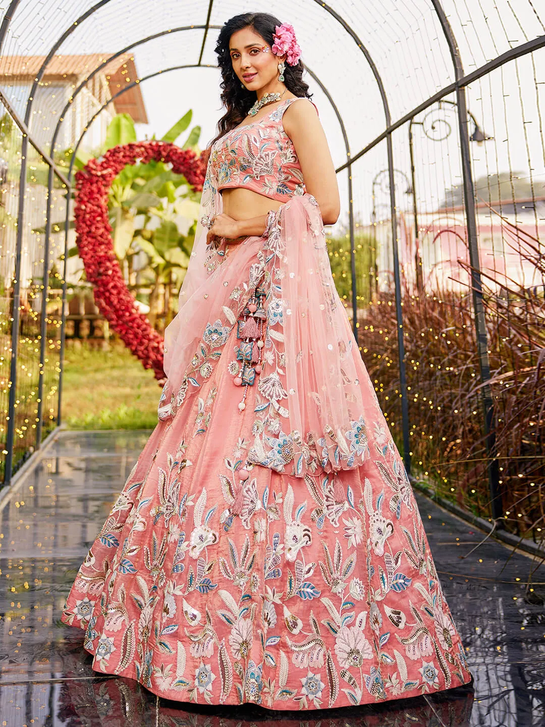 Orange Sequinse & Thread embroidery Lehenga choli & Dupatta
