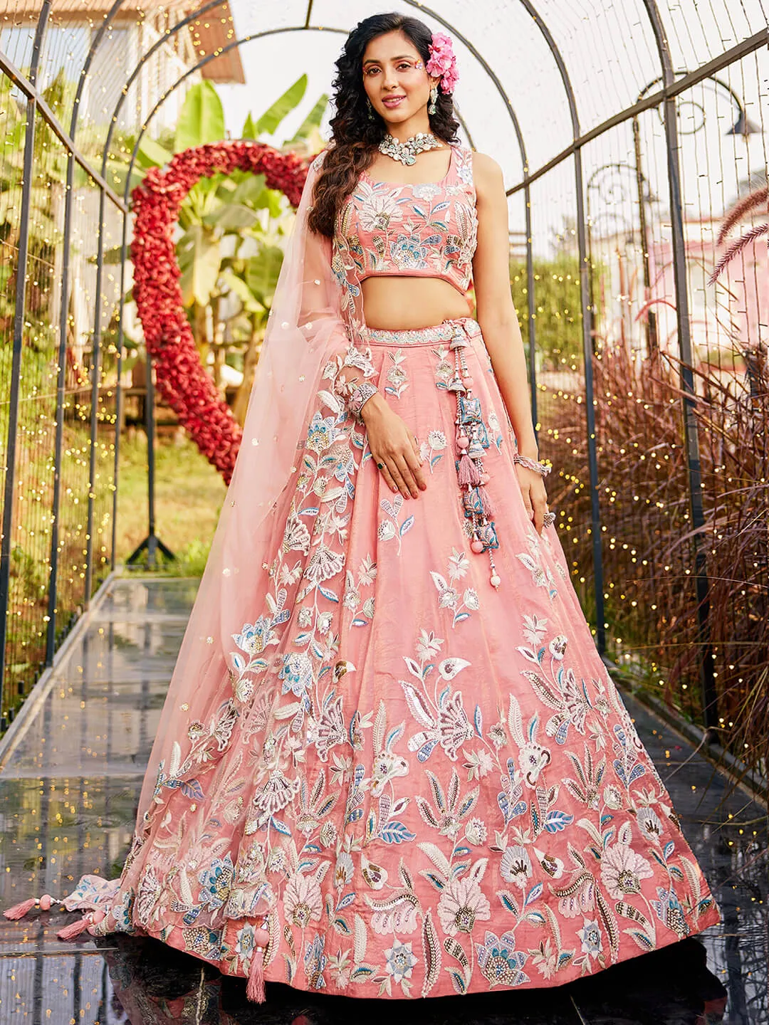 Orange Sequinse & Thread embroidery Lehenga choli & Dupatta
