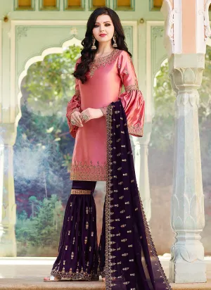 Peach And Purple Embroidered Gharara Suit