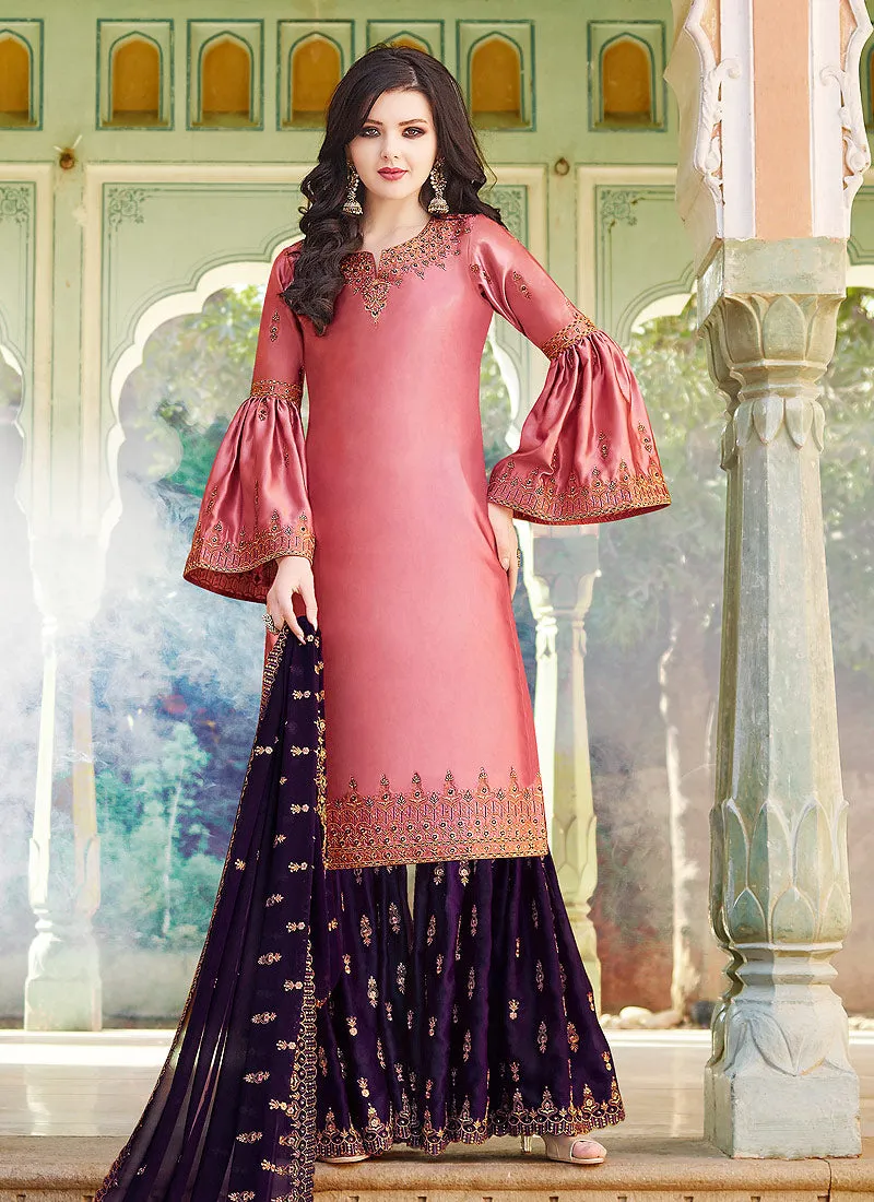 Peach And Purple Embroidered Gharara Suit