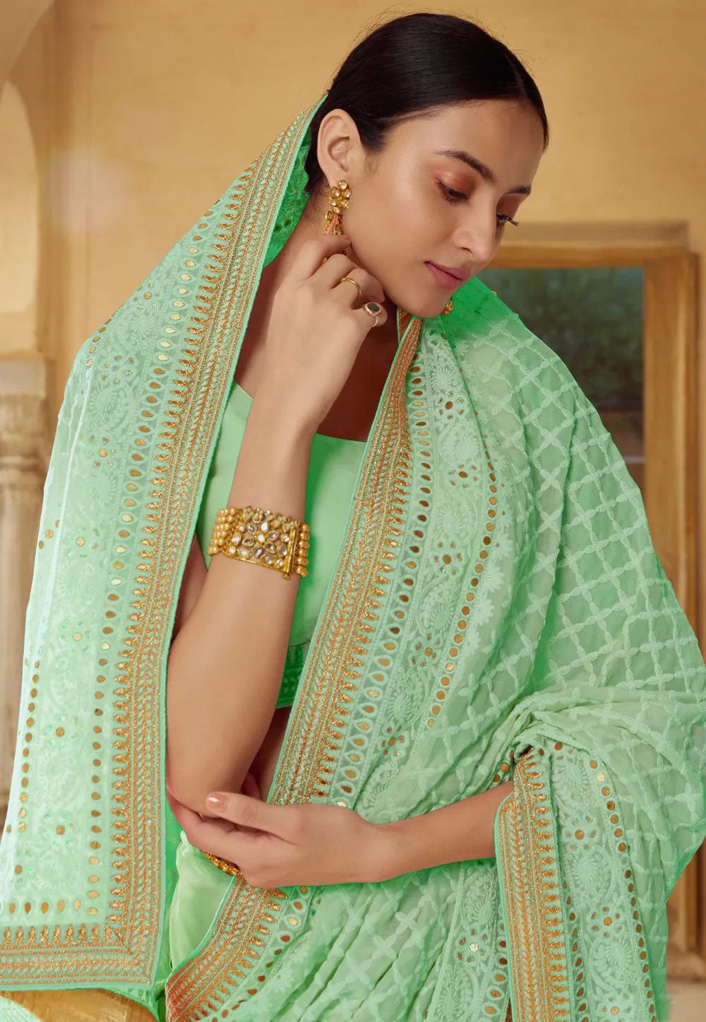 Pear Green Chikankari Embroidered Party Wear Saree