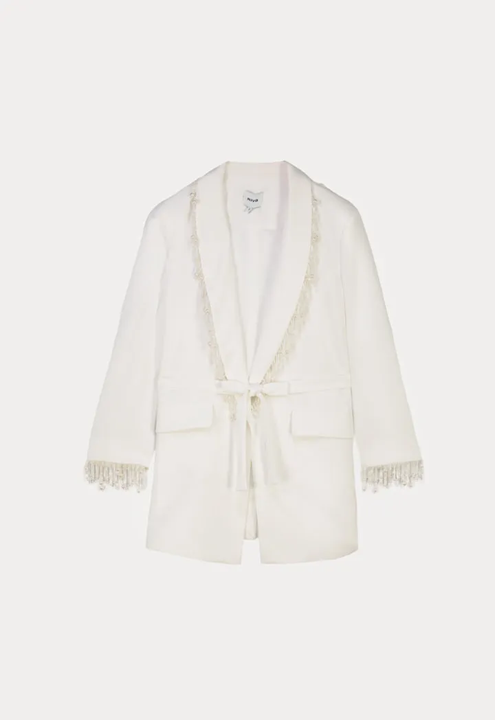 Pearl Embellished Blazer With Flap Pockets