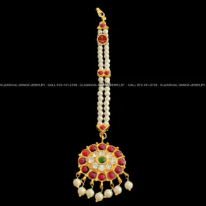 Pearls Tikka Kemp White Stone Temple Indian Jewelry | Bharatnatyam Kuchipudi Engagement, Weddings, Birthdays | Classical Dance Jewelry