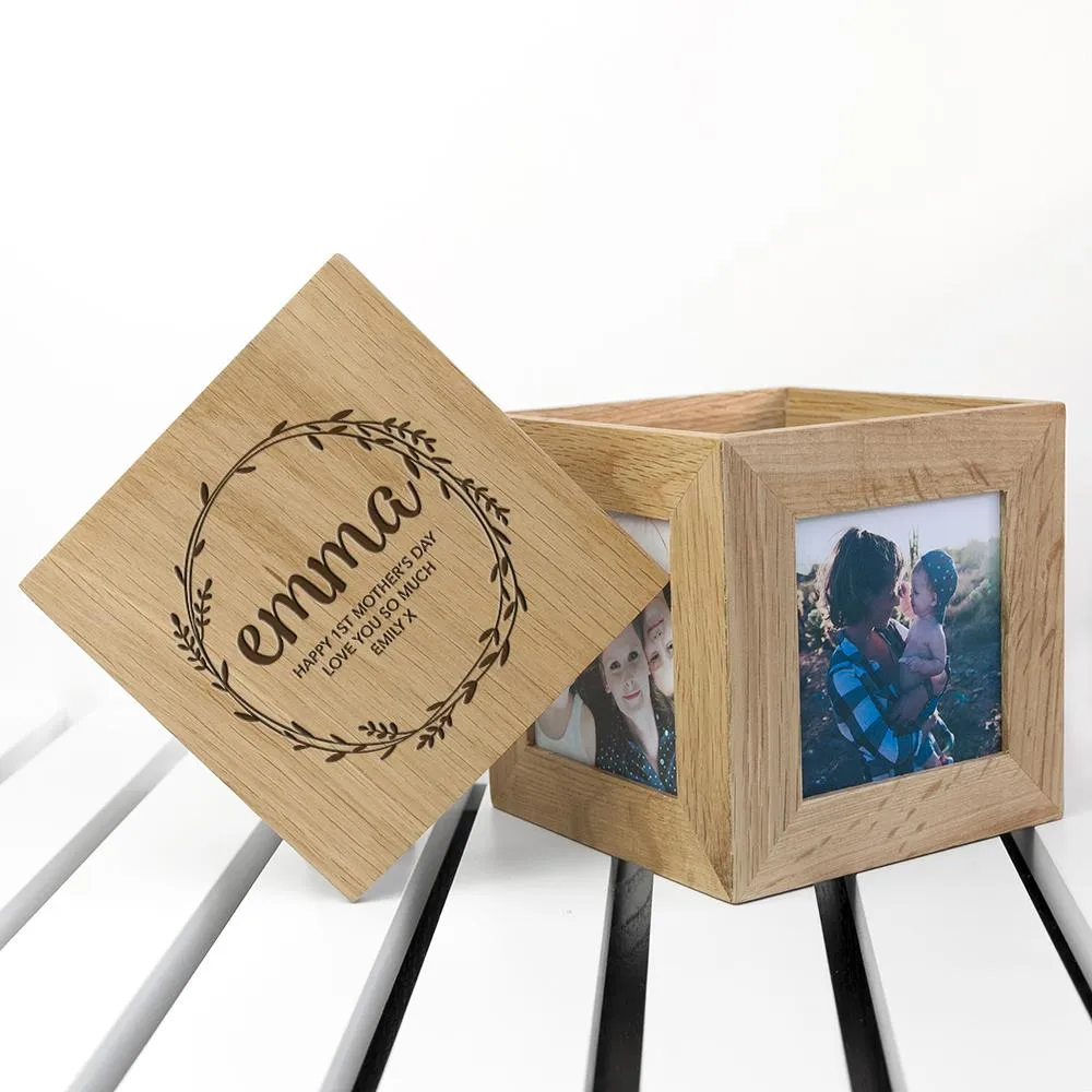 Perfect Mothers Day Gift - Personalised  Oak Photo Cube.