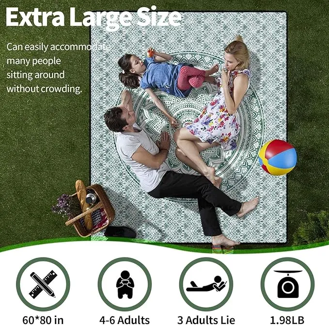 Picnic Blankets 60"x80" Waterproof Portable Outdoor Blanket Sand Proof Packable Beach Mat for Outdoors Camping Essentials Travel Accessories Summer Gifts for Women Adults Who Have Everything