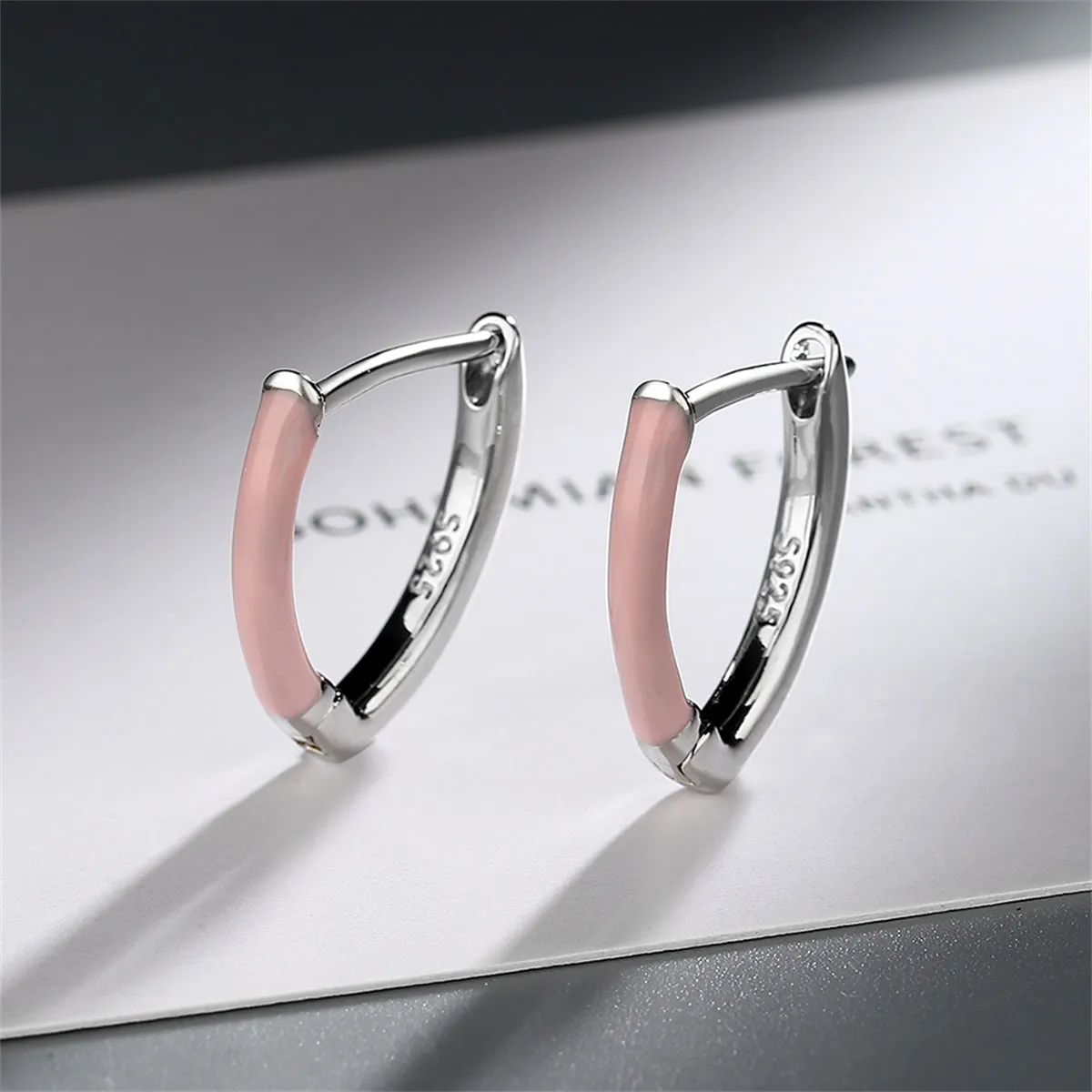 Pink Enamel & Silver-Plated Triangle Huggie Earrings