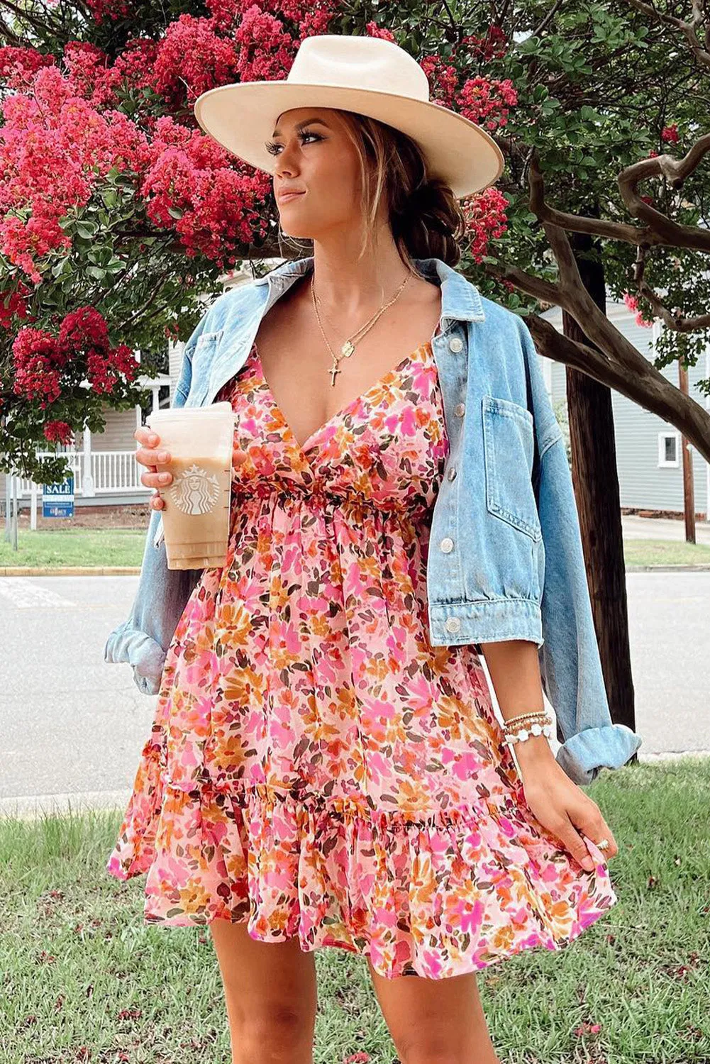 Pink Gardenia Print Tie Back Mini Dress