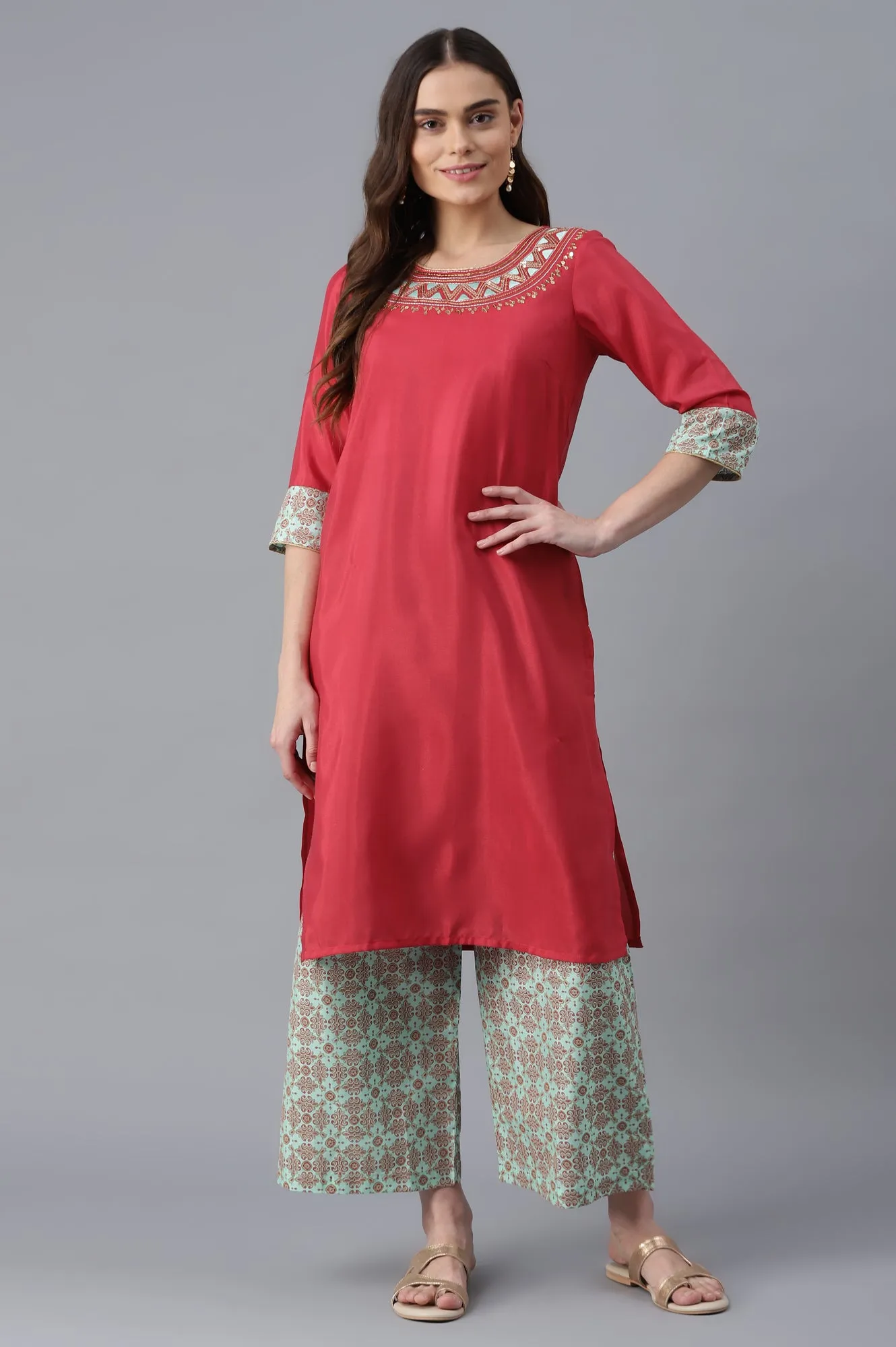Pink kurta-Green Palazzo Set