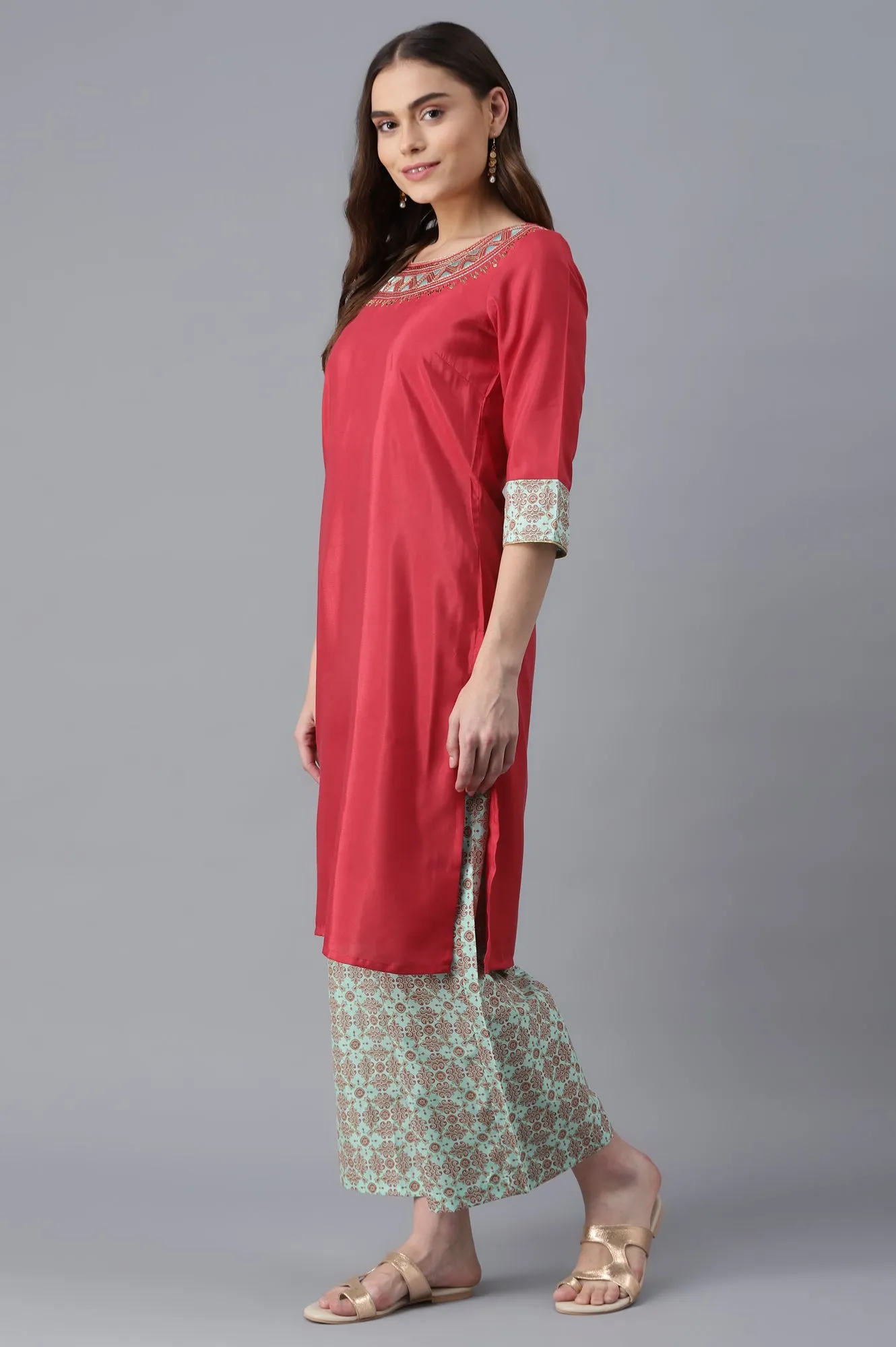 Pink kurta-Green Palazzo Set
