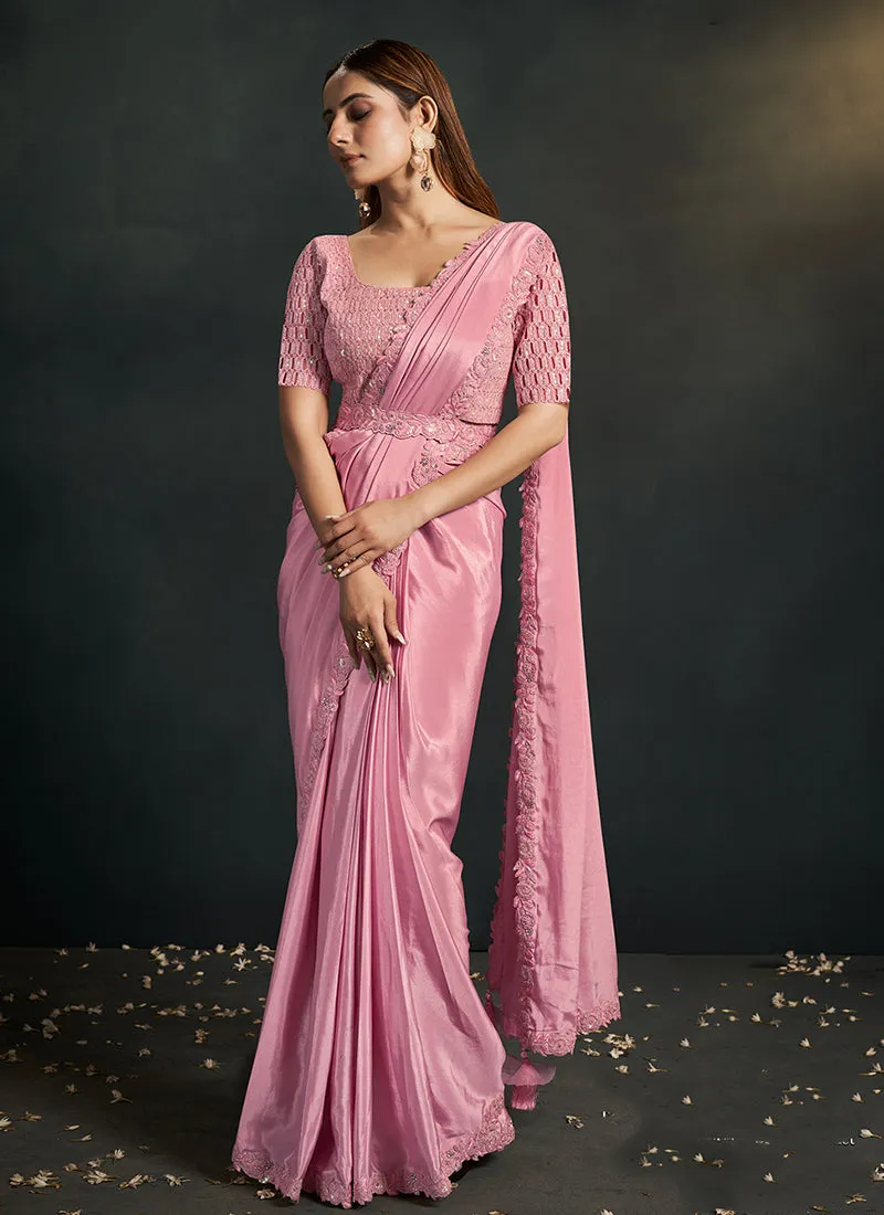 Pink Sequence And Appliqué Embroidery Wedding Saree