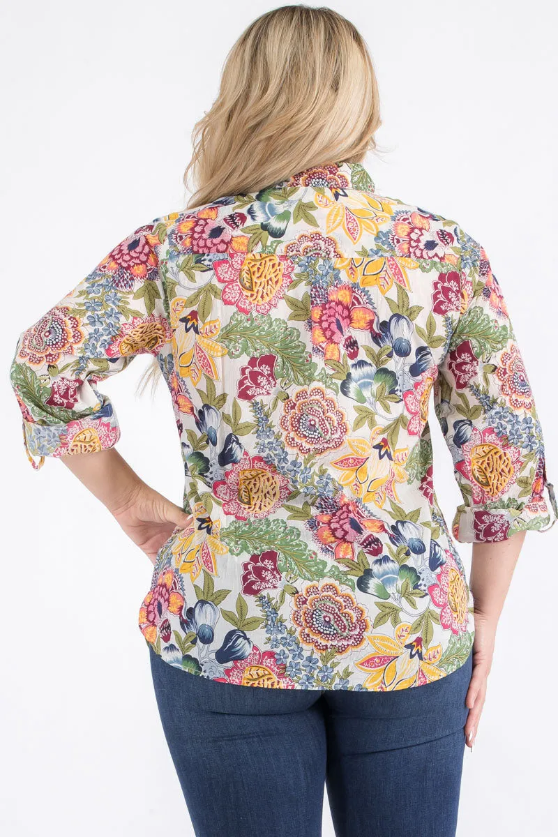 Plus Size Ivory Floral Button-Down Shirt