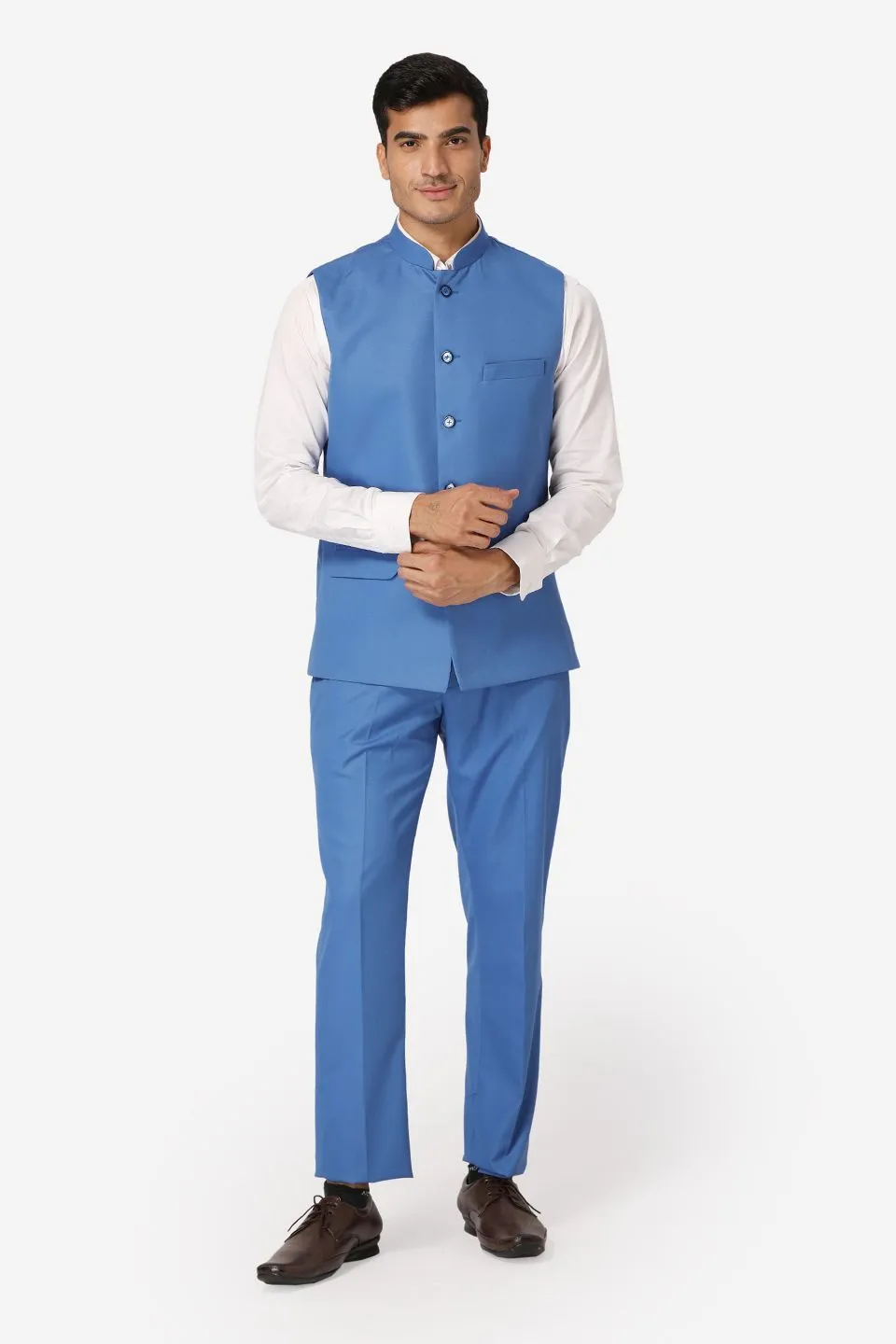 Polyester Cotton Blue Vest and Trouser Set